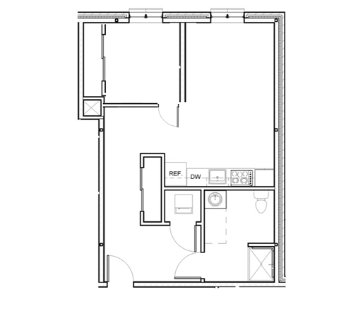 a floor plan of a small house with a kitchen and a living room
